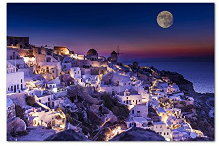 Augenblicke Wandbilder 120x80cm - Fotodruck auf Leinwand und Rahmen Griechenland Ort Häuser Vollmond Meer - Leinwandbild auf Keilrahmen modern stilvoll - Bilder und Dekoration