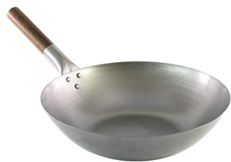 Générique Wok Traditionnel en Acier Carbone - Qualité Professionnelle - Fond Plat - Manche en Bois - Ø 35 cm