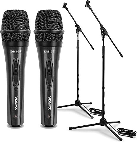 Vonyx Complete Microphone Set - Professional Dynamic Vocal Mic System with Twin Microphones, Adjustable Tripod Stands, Boom Arms, XLR Leads & Padded Carry Bags for DJ, Karaoke & Live Performance