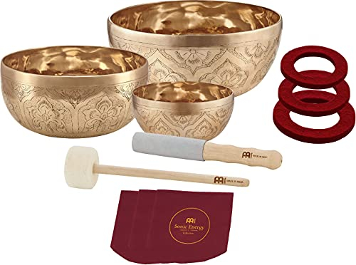 Sonic Energy Klangschalen Set Special Engraved Series – 600/800/1000 g – Für Meditation & Klangheilung – Inkl. Hülle, Filzring & Schlägel (SB-SE-2400)
