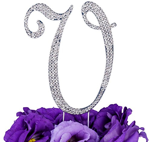 LOVENJOY Cake Topper Hochzeit Personalisierter Buchstabe Letter V Tortendeko Silber Kristall Strass Initiale Hochzeit Verlobung Geburtstag Brautdusche Metall Tortendekoration, Geschenkbox-Packung