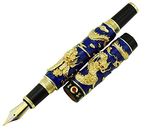 Jinhao Double Dragon Fountain Pen Medium Nib with Ink Refills Converter, Blue Cloisonne Craft Gift Pen