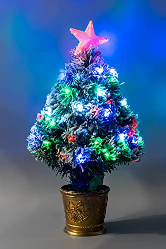 2Ft/60cm Snow-Frosted Fibre Optic Christmas Tree with Star Topper - Multicolor LEDs 8 Changing Light Modes - Pre-Lit Snowy Artificial Xmas Tree