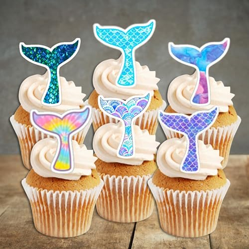 Cupcake-Topper mit Meerjungfrauenschwanz-Motiv, vorgeschnitten optional, essbare Cupcake-Topper, stehend, Oblaten, ungeschnitten, 12 Stück