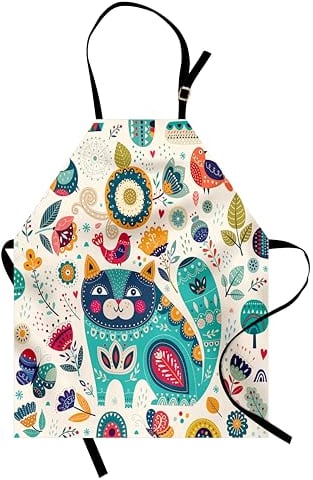 ABAKUHAUS Katze Kochschürze, Katze mit Vögeln, Unisex-Küchenlätzchen mit verstellbarem Hals für Kochen Gartenarbeit, 67 cm x 80cm, Türkis