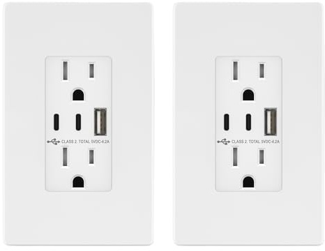 TOPGREENER 4.2A 3-Port Type C USB Outlet, 15 Amp Receptacle Plug, Charging Power Outlet with Dual Type C&A Ports, Screwless Wall Plate Included, UL Listed, TU21542AC2-WSID, White, 2 Pack