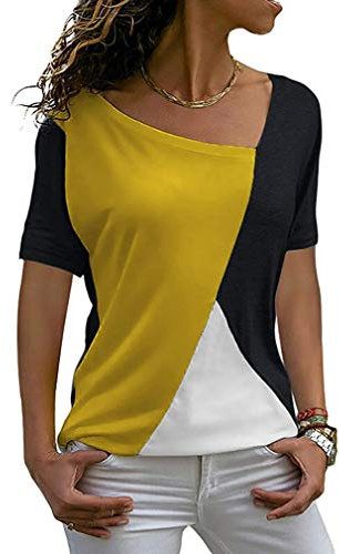 Minetom Magliette Donna Estiva Manica Corta Scollo a V T-Shirt Tinta Unita Giallo Nero IT 50