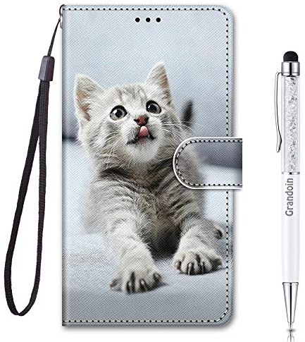 Grandoin für LG K20 2019 Hülle, Handyhülle im Brieftasche-Stil, Handytasche PU Leder Flip Cover Kreativ Bunte Muster Book Hülle Case Schutzhülle für LG K20 2019 (Graue Katze)