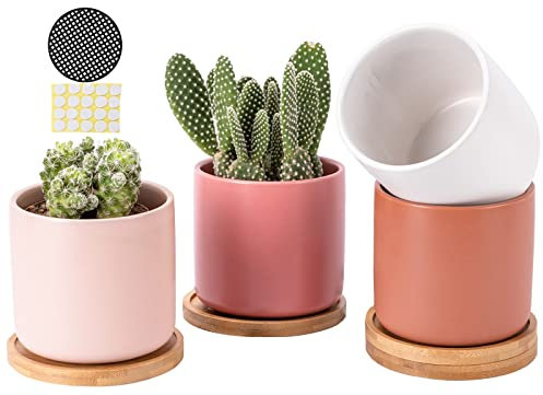 AOMRYOM 4 Inch Ceramic Cylinder Plant Pots with Drainage Holes and Bamboo Trays, Matt Adorable Flower Planter for Indoor Plants, Succulent, Cactus, Herbs, Multicolor,Set of 4 (Plant Not Included)