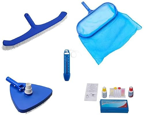 well2wellness Pool Zubehör Set 2 Basic 5-teilig mit Bodenkescher, Thermometer, Bodensauger Dreieck, Beckenbürste Plus Test-Kit für Chlor + pH (P1861)