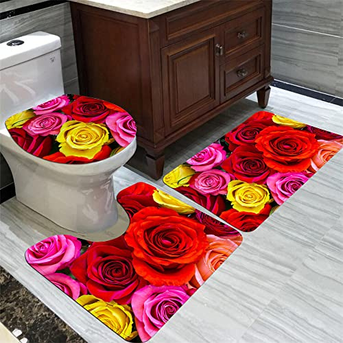 HJOSWVNS Badteppich Rote Rosa Rose Badvorleger Set 3 teilig Badematte rutschfest Saugfähig Badezimmerteppich Waschbar Fussmatte Teppich, für Badezimmer, Wohnzimmer, Schlafzimmer 45x75cm