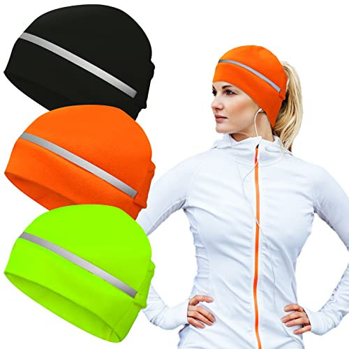 HICARER 3 Stück reflektierende Fleece-Mütze für Damen mit Ohrenschutz, für kaltes Wetter, Orange,Grün, Einheitsgröße
