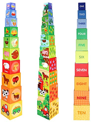 SOKA 10pcs Farm Animals Stacking Cubes Balancing Building Farm Animal Boxes Educational Developmental Montessori Learning Blocks Toy Set Gift for Kids Toddlers Children Boy Girl Ages 12 month old +