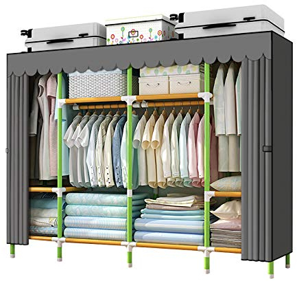 HESMENO Portable Wardrobe Portable Closet Storage Organizer Cloth Closet Colored Rods and Grey Cover Quick and Easy to Assemble, Extra Sturdy, Strong and Durable 200x43x168CM