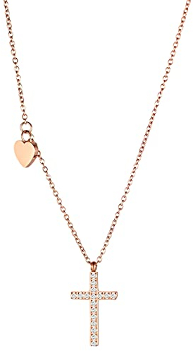 JewelryWe Schmuck Halskette Damen Kreuz Herz Anhänger Elegant Edelstahl Zirkonia Kette mit Gravur Frau Rosegold