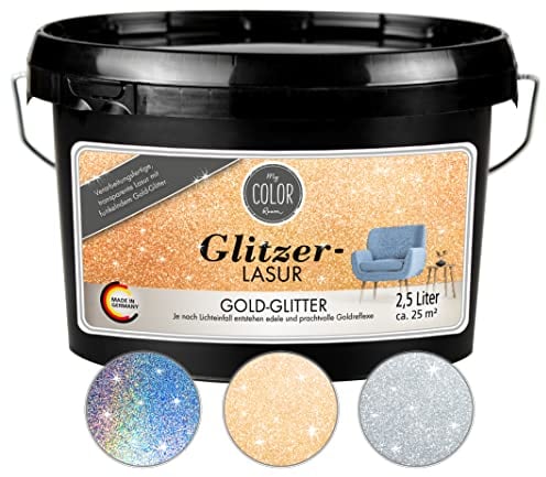 My COLOR Room Glitzer-Lasur (2500 ml, Gold) transparente Glitzer Wandfarbe für Wandgestaltung mit Glitzer-Effekt für Innenbereich, Dekorationslasur Made in Germany