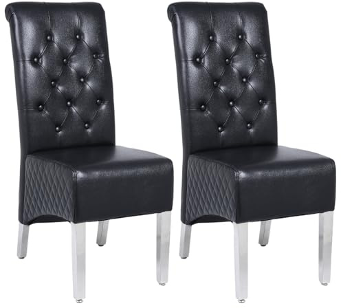 MODERNIQUE A Pair (x2) Sara Leather Aire Dining Side Chairs Button Tufted in Black with Knocker on the High Back