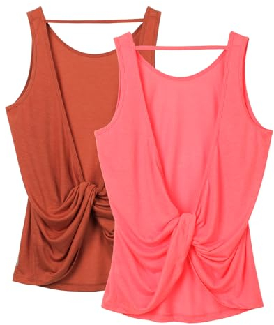 icyzone Damen Sport Tank Top Rückenfrei, Fitness Yoga Shirt Ärmellose Gym Sport Oberteil, 2er Pack (XL, Dusty Orange*/Neon Pink*)