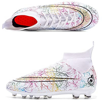 CERYTHRINA Botas de fútbol para hombre, zapatos de entrenamiento unisex para adolescentes, al aire libre, tacos, puntas, profesionales, deportivas, zapatillas de fútbol, Tacos de rayas blancas, 39 EU