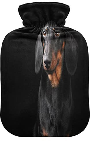 Mnsruu Dachshund Puppy Dog Black Hot Water Bottle with Velvet Cover, 1L Transparent Hot Water Bag for Hand Pain Relief Hot Cold Therapy Cramps