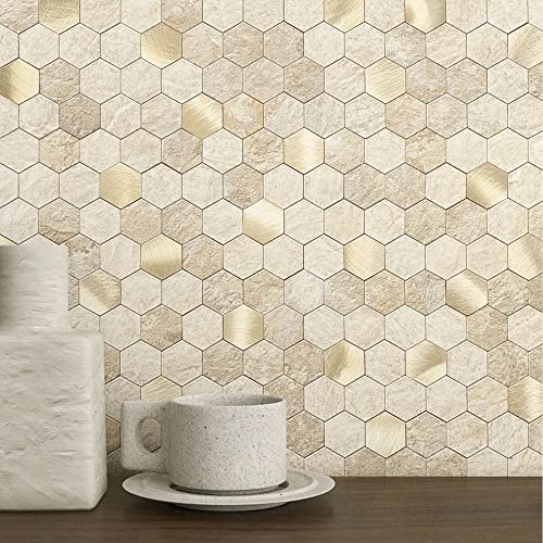 MOFIT - Piastrelle esagonali da cucina, autoadesive, in metallo e marmo a nido d'ape, resistenti al calore (beige, 10 fogli)