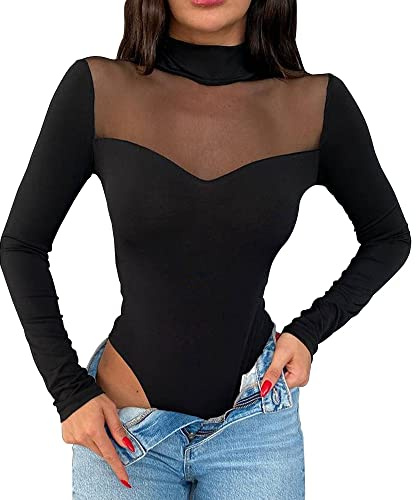 KOEMCY Body Mujer Manga Larga Blusa Elegante Malla Mono Bodysuit Color Sólido Jumpsuit Bodies Vestir Casual Blusa Tops Ropa de Dormir Una Pieza