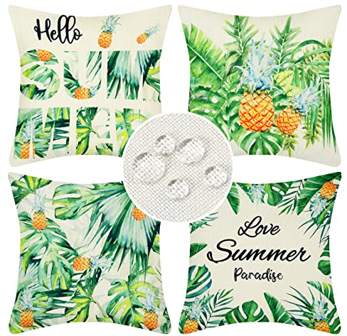Kissenbezüge 40x40 cm Outdoor Wasserdicht Balkon Kissenbezüge Sommer Pflanzen Kissenhülle Grün Blätter und Ananas Leinen Zierkissenbezüge für Garten Cafe Terrasse Patio Bauernhaus Dekor 4 Stück