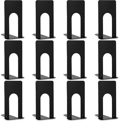 Anhow 6 Paar Buchstütze, Buchstützen Metall Hochwertiges Bücher Halterung Regal für Kinder, Schule, Bibliothek - Schwarz /12 Stück (69 x 100 x 130 mm)