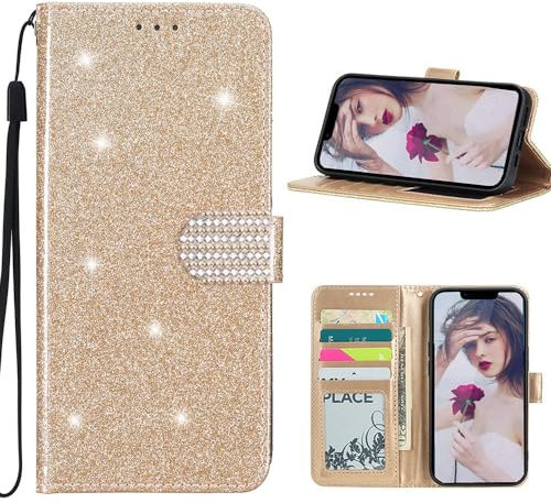 EuoDuo Compatibile con Samsung Galaxy A12 Cover Libro Ragazza Glitter Custodia in PU Pelle Luccicante Portafoglio con Porta Carte Magnetica Protettive Wallet Case - Oro