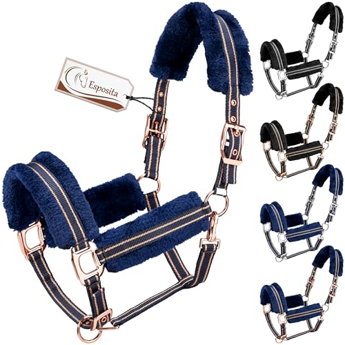 Esposita Halfter Champion Edition Stallhalfter Fellhalfter Flauschhalfter weich unterlegt mit Kunstfell flauschig (XFull/XWB, Navy/Rosegold)