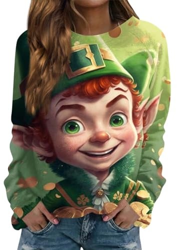 Damen Pullover Herbst Geschenke Für Frauen Hausanzug Damen Wolldecke Mit Ärmel Erwachsene St Patricks Day Bedruckte Rundhals Langarm Basic T-Shirt Grünem Kleeblatt Muster Damen Strickpullover