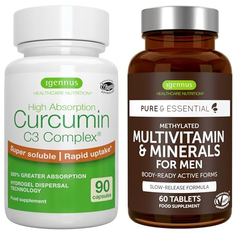 Multivitamin & Minerals for Men + High Absorption Curcumin C3 Complex, Vegan Bundle, Sustained Release Advanced Multivitamin + 300% Greater Absorption Curcuminoids with Rapid Uptake, by Igennus