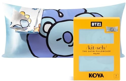 Kitsch BT21 Satin Pillowcase with Zipper for Hair and Skin More Delicate Than Silk, Cooling Machine Washable Non Wrinkle Smooth King Size 48 x 91 cm Koya