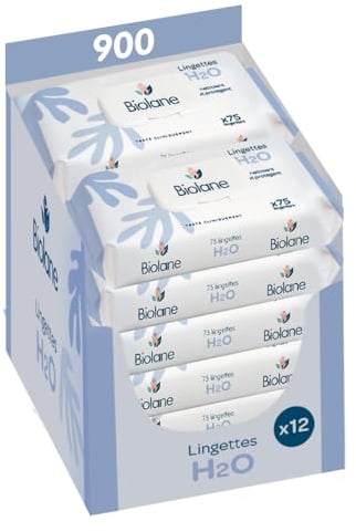 BIOLANE - Lingettes bébé à l'eau - 900 Lingettes - Lot de 12x75 - Nettoyage doux et efficace - Dès la naissance - Qualité Française