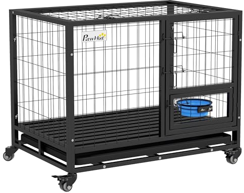 PawHut - Jaula para perro, animales, jaula de transporte sobre ruedas, con soporte para comedero, bandeja extraíble con 2 puertas con cerradura de acero dim. 92 x 62 x 73 cm, color negro