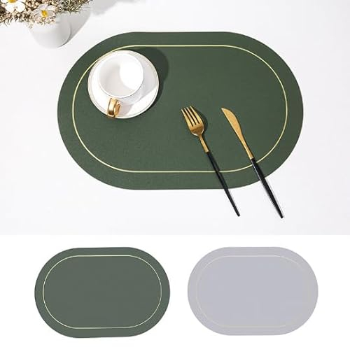 fanquare Lot de 6 sets de table et dessous de verre double face ovales en cuir synthétique rouge noir résistant à la chaleur pour maison, salle à manger, cuisine, hôtel, 45 x 30 cm (vert foncé + gris
