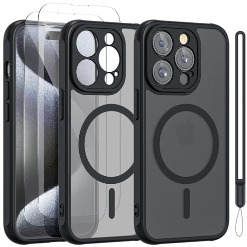 YIRSUR für iPhone 15 Pro Max Hülle mit MagSafe mit 2 Stück Schutzfolie,Vollständiger Kameraschutz, Transluzent Matte Magnetische Handyhülle Ultra Dünn Hart PC Kratzfes für iPhone 15 Pro Max (Schwarz)