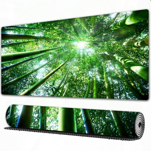 EOMKSE Grand Tapis de Souris de Jeu,Nature Verte forêt de bambous Arbre Printemps été Paysage Naturel Impression Art,avec Bords surpiqués et Dos antidérapant,sous-Main pour Clavier et Souris,40x90 cm
