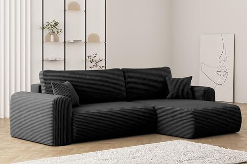 Kaiser Möbel, Sofa mit schlaffunktion, mit Bettkasten, Schlafsofa Capri, Designer Sofa, Modern Design Couch, Polsterecke, Freistehend, Stoff POSO Schwarz Rechts