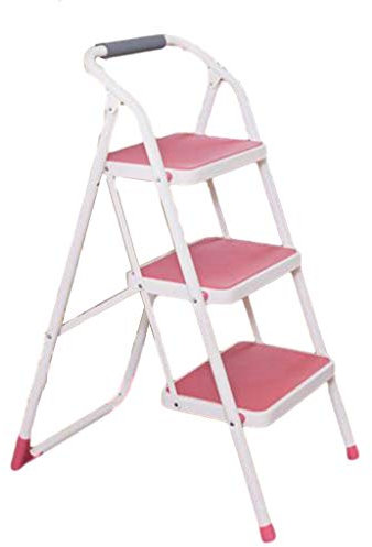 Step Stool Iron Stepladder with Non Slip Tread, Multi-Purpose Ladder Stool for Household, Folding Step Stool for Kitchen, Office Step Ladder/Pink/47X66X97.5Cm