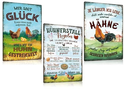3er Set Retro Blechschild Hühner 20x30cm - Vintage Hühnerstall Metall-schild mit Spruch Lustig - Hühnerstall-Regeln - Huhn Hahn Eier Schild Zubehör Deko Geschenk als Garten Bauerngarten Küche