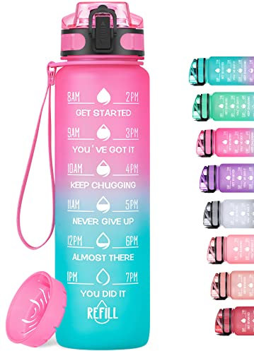 HydroPal Botella Agua, 1 Litro Botella Agua Gimnasio sin BPA con Marcador de Tiempo & Filtre, Plastico Botella de Agua Deportiva para Gym, Oficina, Escuela (Verde rosa)