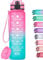 HydroPal Botella Agua, 1 Litro Botella Agua Gimnasio sin BPA con Marcador de Tiempo & Filtre, Plastico Botella de Agua Deportiva para Gym, Oficina, Escuela (Verde rosa)