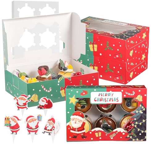 Fippy 20 Stück Weihnachten Cupcake Box 6er mit Sichtfenster,Weihnachten Cupcake Schachtel Box,Weihnachts Kekskästen Boxen Geschenkboxen für Cupcakes Desserts Keksen(Rot Grün-Weihnachten Stil 6 Löcher)