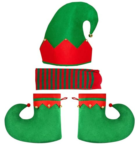 Elfen Mütze Weihnachtself Schuhe Elfen Socken, Weihnachtself Kostüm Zubehör mit Elfenmütze Elfenschuhe Lange Gestreifte Socken Weihnachten für Damen Weihnachten Karneval Cosplay Kostüm Accessoire
