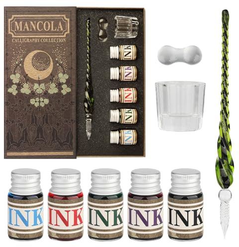 Mancola Glass Dipped Crystal Calligraphy Pen Set with 5 Colorful India Ink, 1 Pen Holder, 1 Cleaning Cup, Ink Drip Tool, Signatures, Drawing, Decoration Kits for Beginners