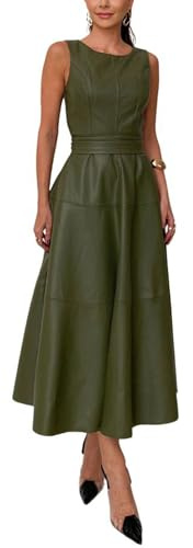 CHARTOU Women PU Faux Leather Sleeveless Elegant Flowy Long Dress Party Night Out Dress with Belt (Small, Green)