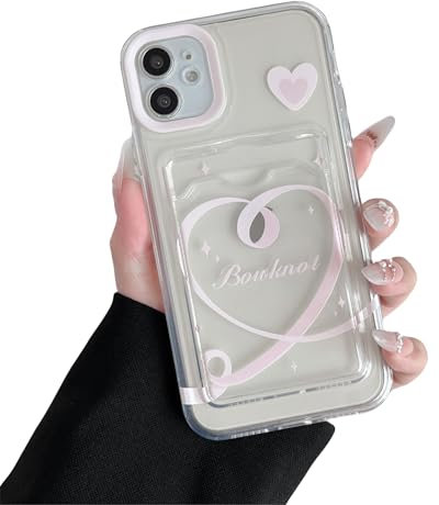 DEFBSC Case for iPhone 12, Transparent Back Card Holder Cute Love Heart Pattern Raised Camera Protection Slim Soft TPU Shockproof Clear Back Card Slot Phone Cover - Pink Heart