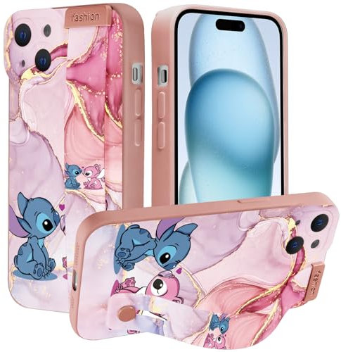 Omyzo Cartoon Case for iPhone 13 Case 6,1 with Wrist Strap,Cute Anime Character Pattern Cover for Girls Women,Wristband Holder Stand Soft TPU Shockproof Protective Case,Pink