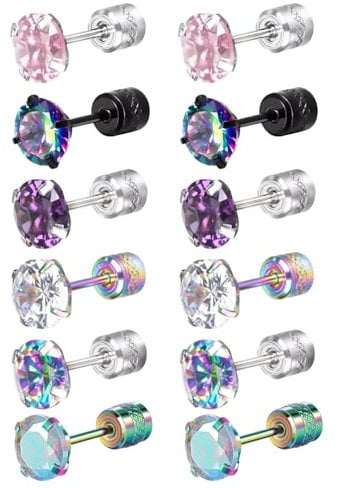 6 Pair Titanium Earrings, Stainless Steel Screw Back Earrings, Tiny Diamond Hypoallergenic Stud Jewelry, Rainbow 5A Cubic Zirconia Double Side Piercing Sleeper Suds for men women, 6mm